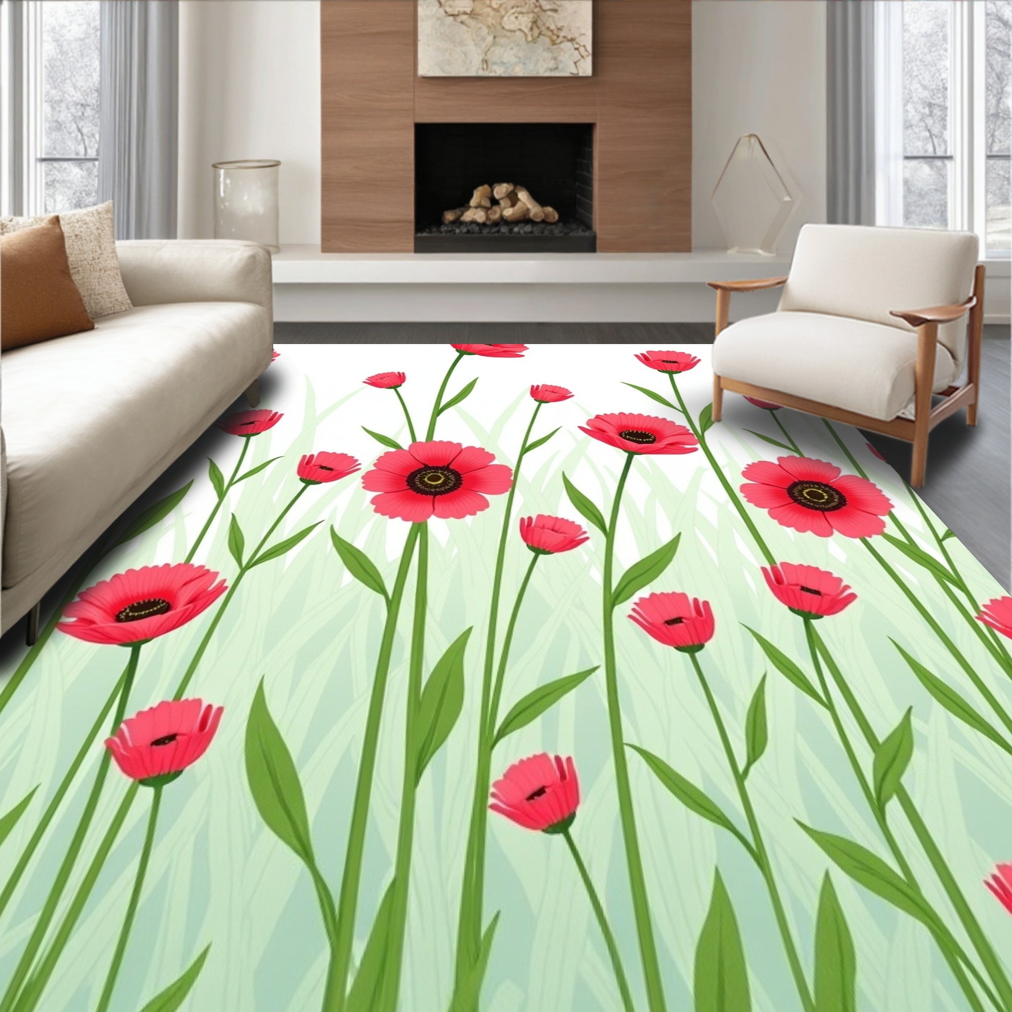 Dreamy Meadowland Tapestry with Scattered Poppy Field Motifs (Pink) - ODIKA