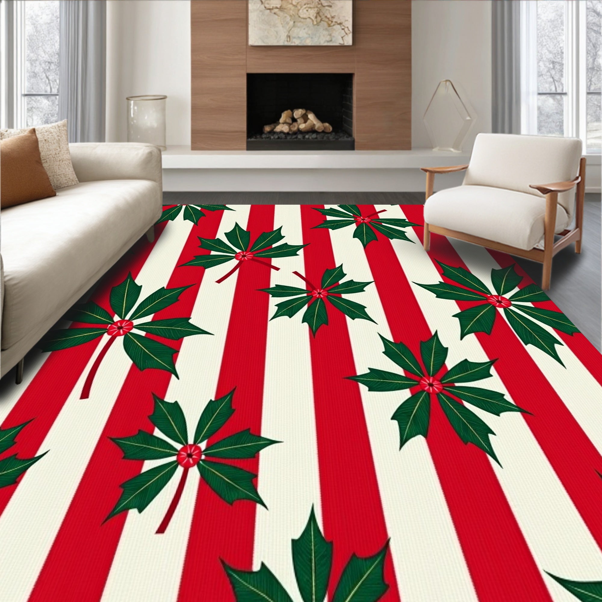 Cane Stripe Holiday with Holly Leaf Accents(Red)