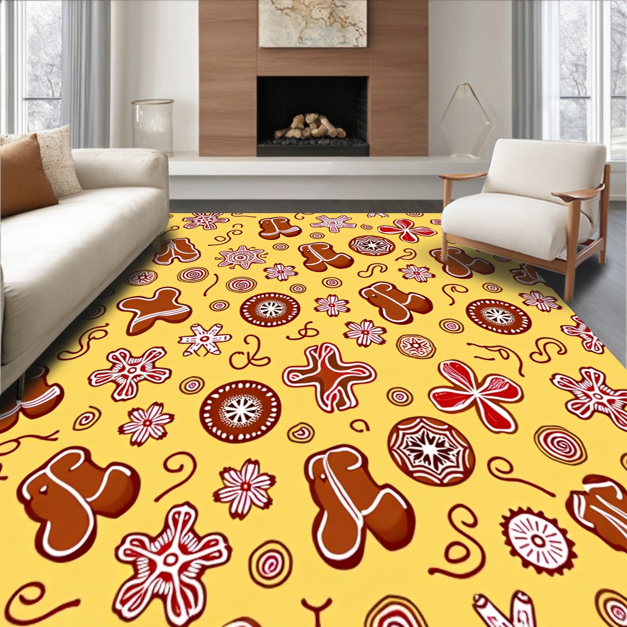 Gingerbread Cookie Motif with Cane Accents and Snowflake(Yellow)