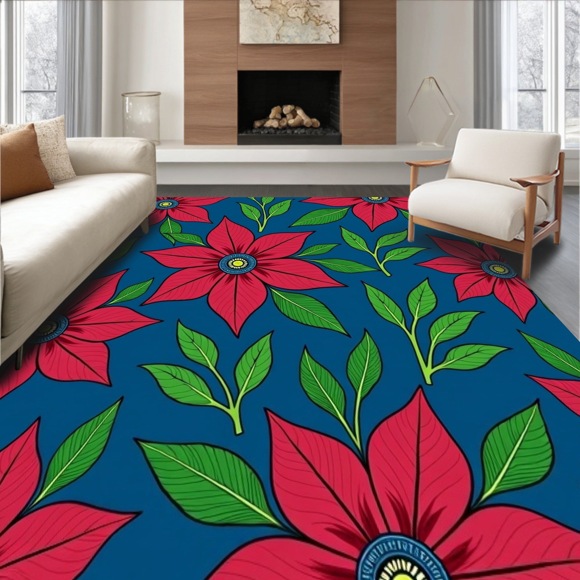 Vintage Poinsettia Bloom Ornamental Design Area Floor Covering(Red)