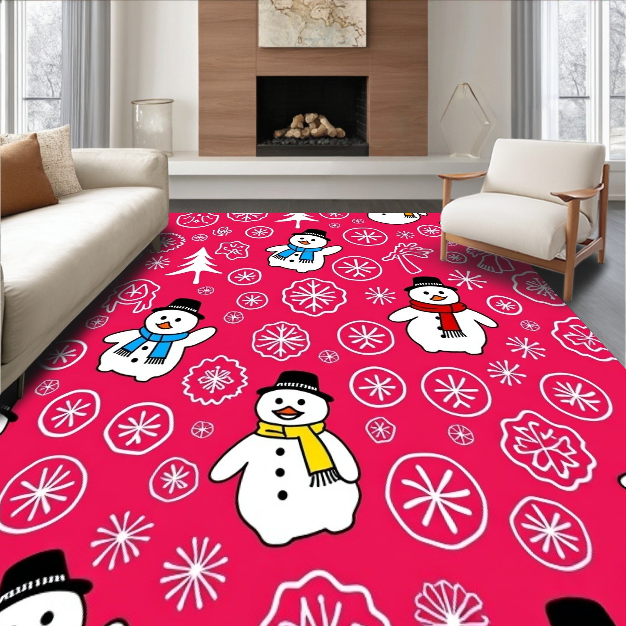 Festive Snowman Gathering with Whimsical Pine Forest and Falling Snowflakes(Pink)
