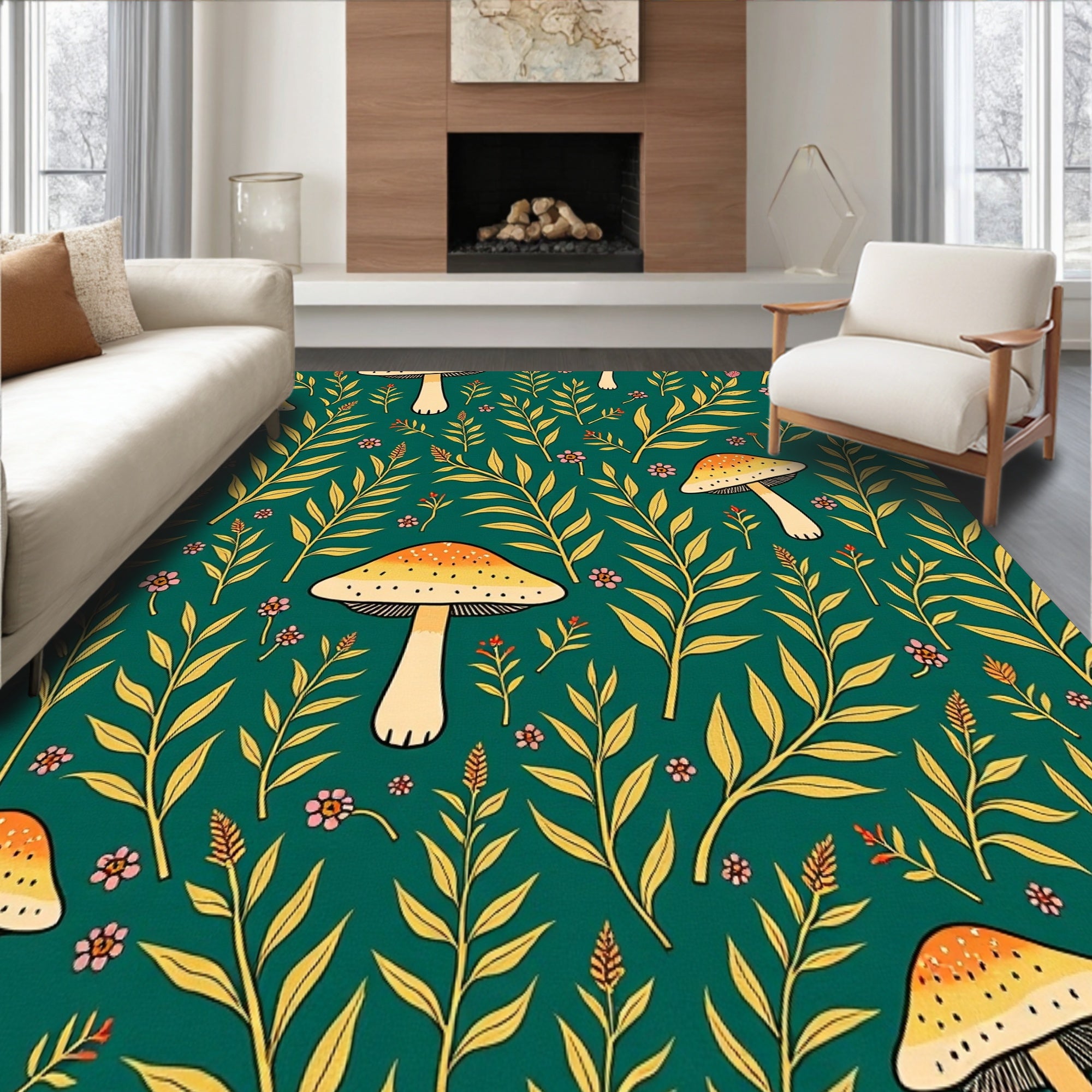 Mushroom Meadow Motif with Botanical Accents and Whimsical Detailing (Green) - ODIKA