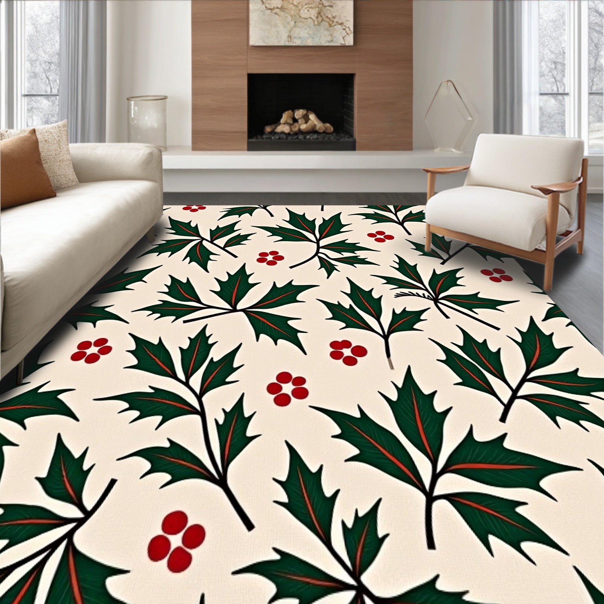 Merry Holly Berry Botanical Christmas Floor Covering with Leaf Accents(Ivory)