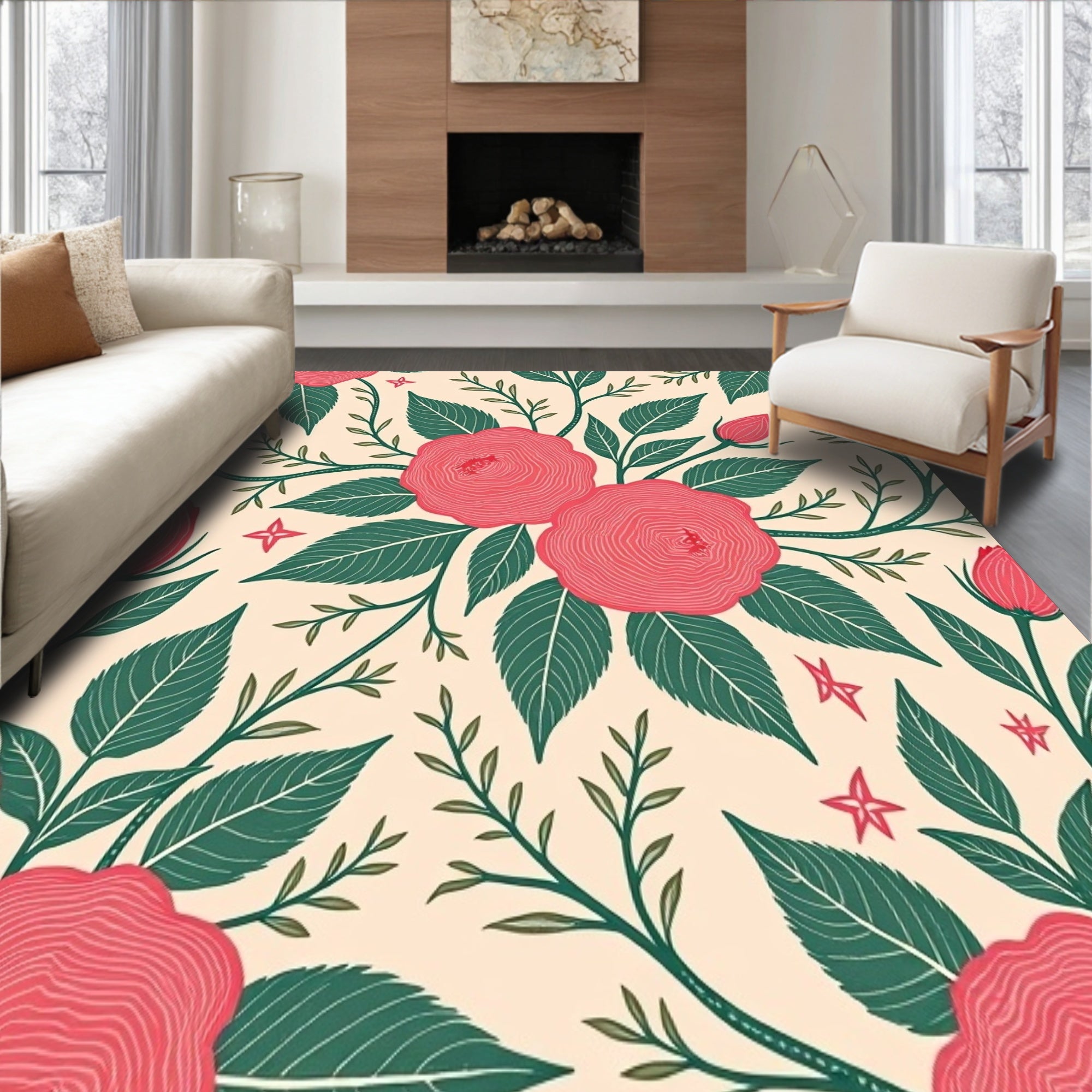 Classic Rose Garden Motif Pile Decorative Floor(Pink)