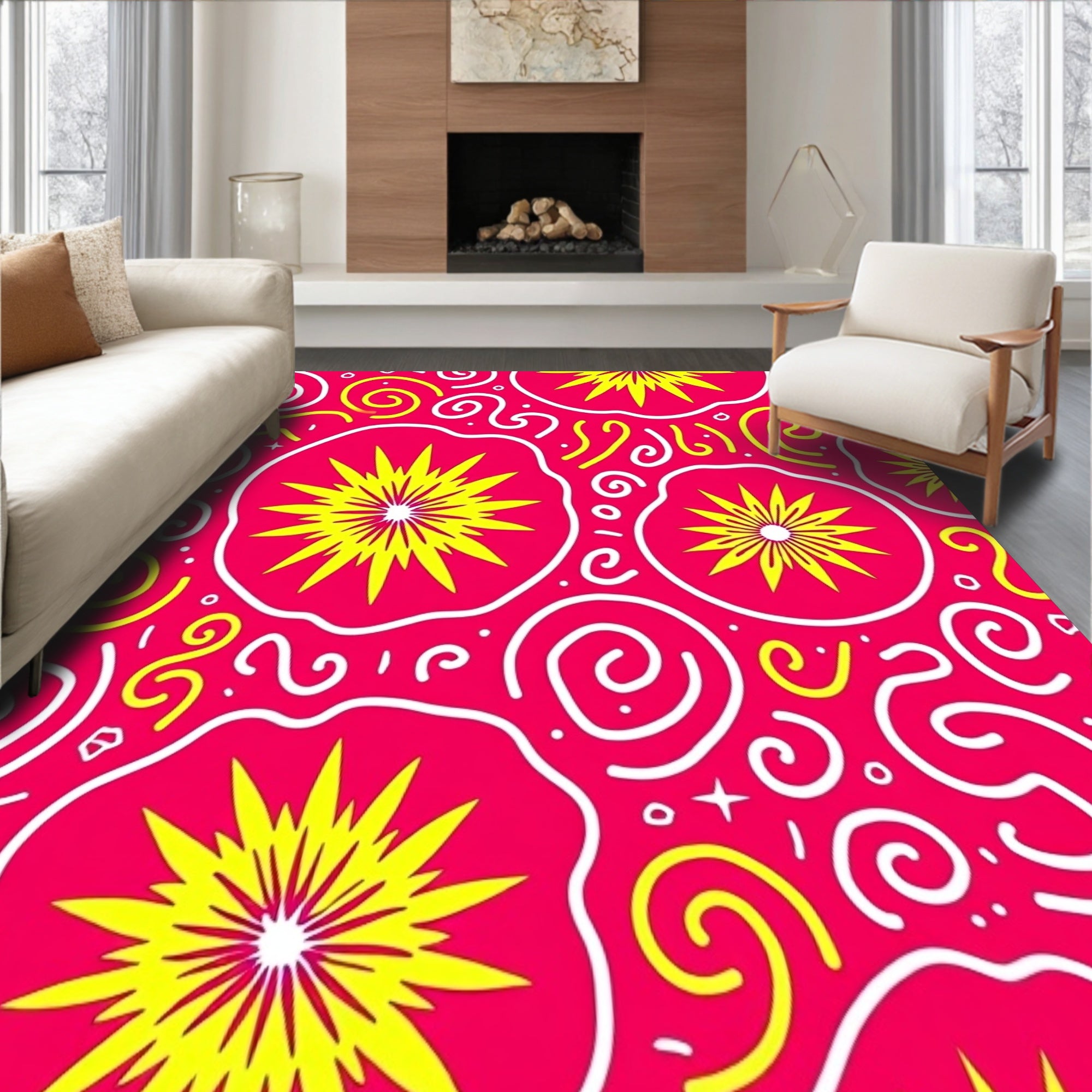 Modern Abstract Starburst Motif with Whimsical Swirl Details(Pink)