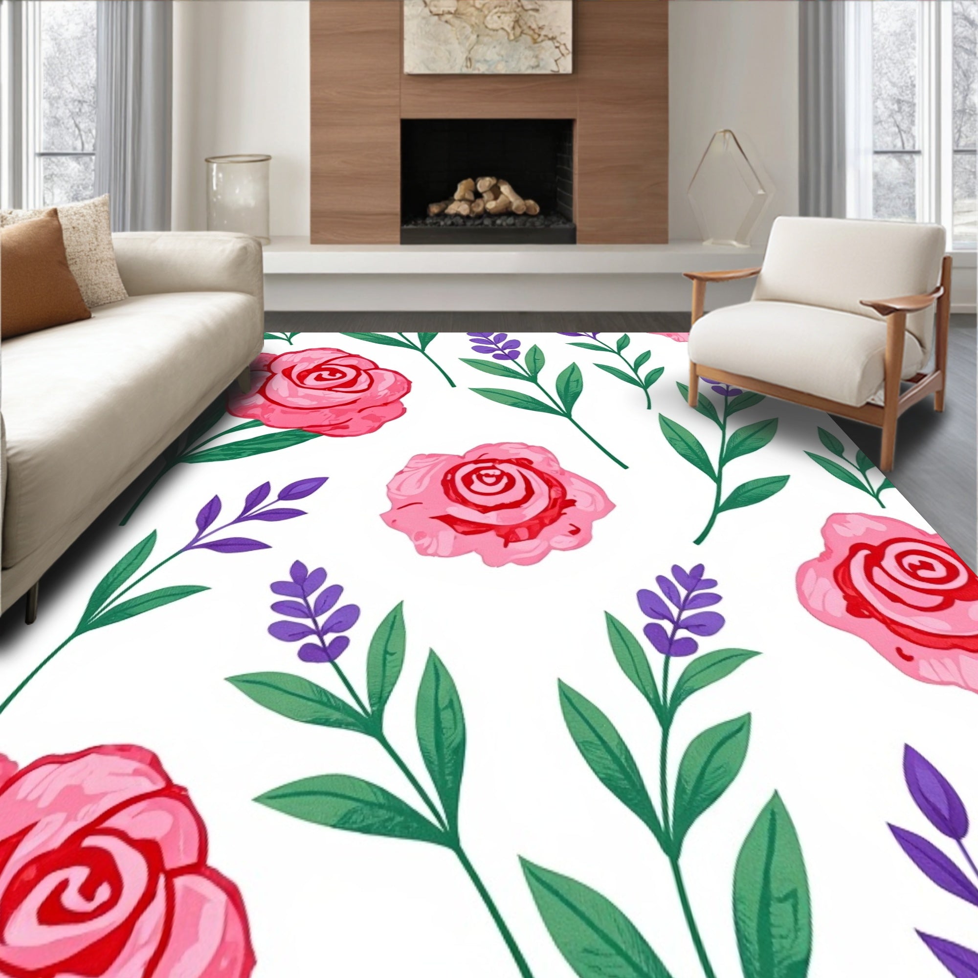 Botanical Garden Flower Design Low Pile with Anti Slip Base(Pink)