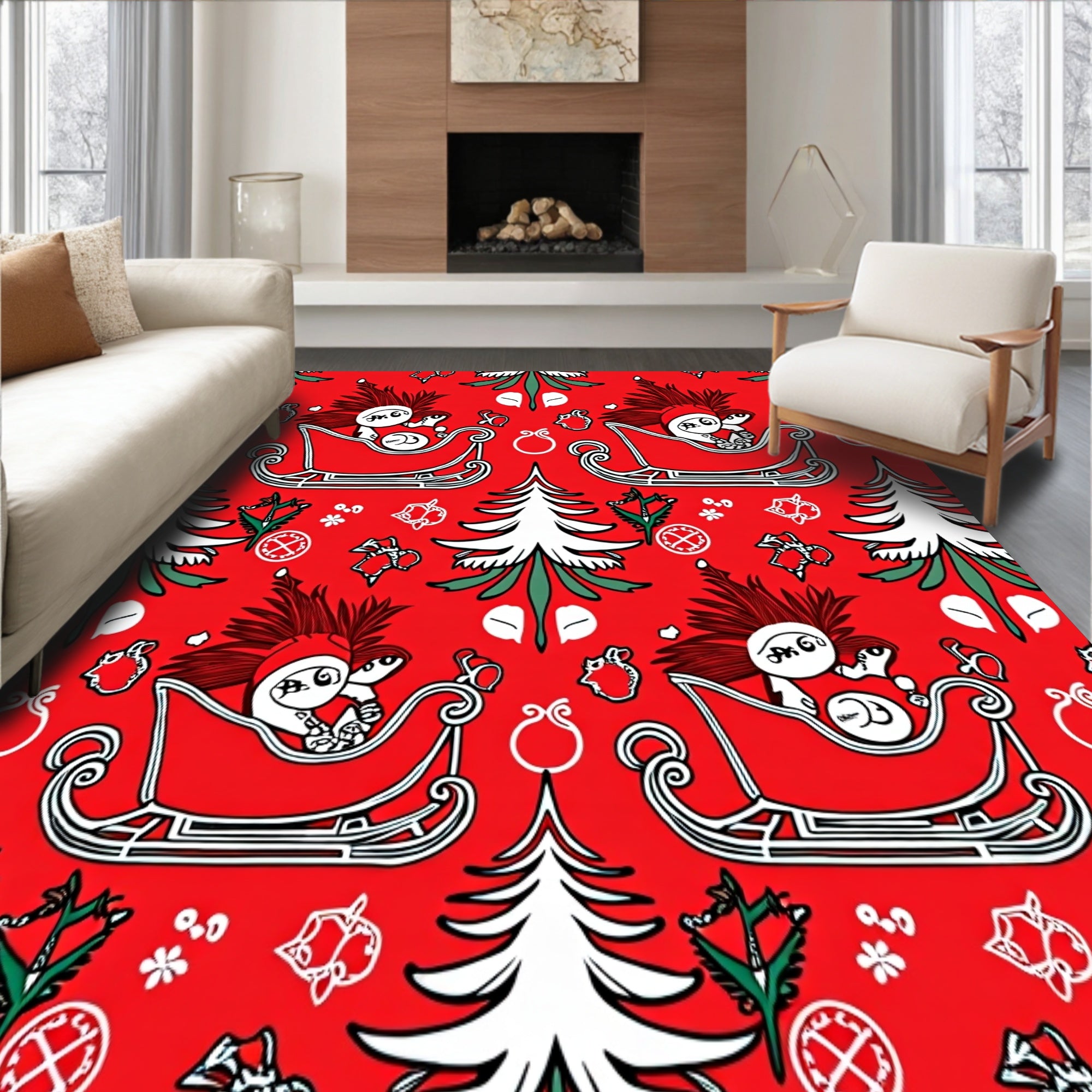 Festive Santa Sleigh and Pine Tree Motif with Snowflake Accents(Red)