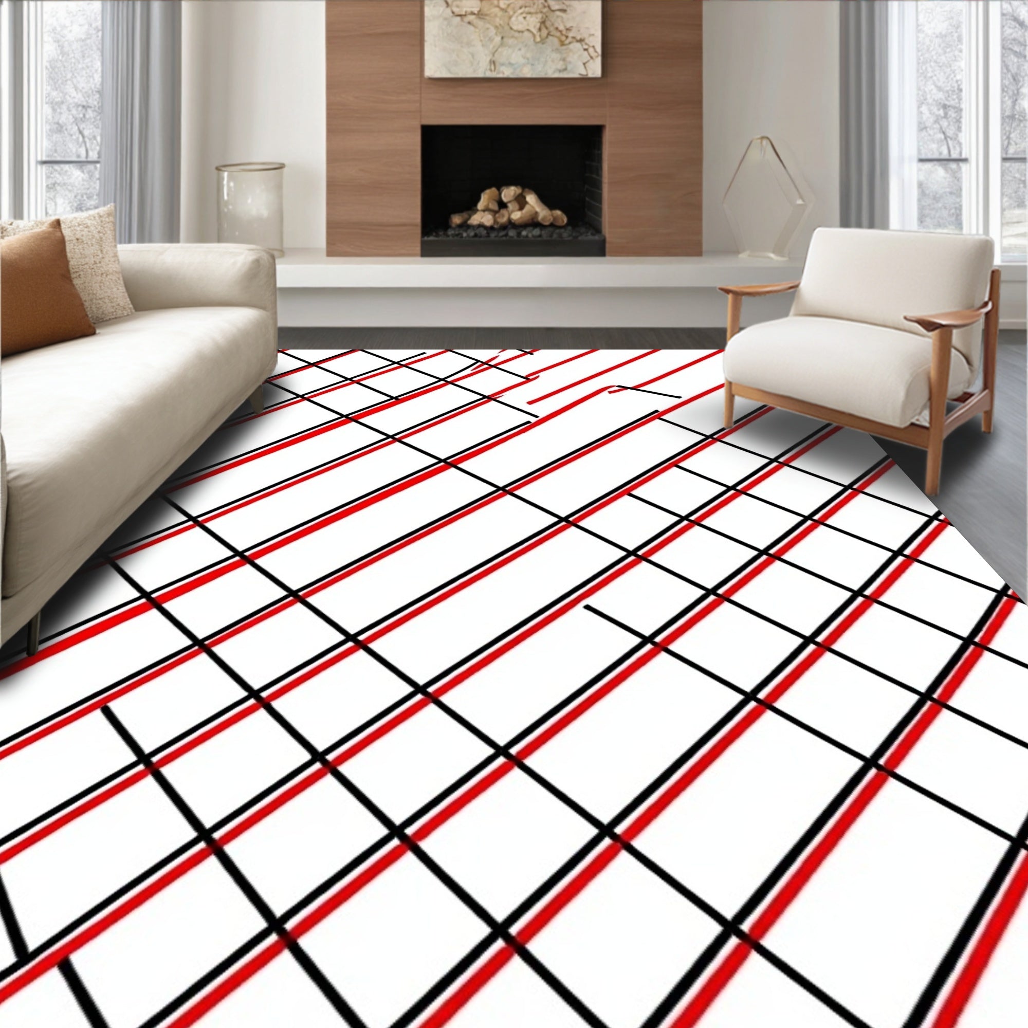 Diagonal Checkerboard Design with Crisp Contrasting Lines(Red)