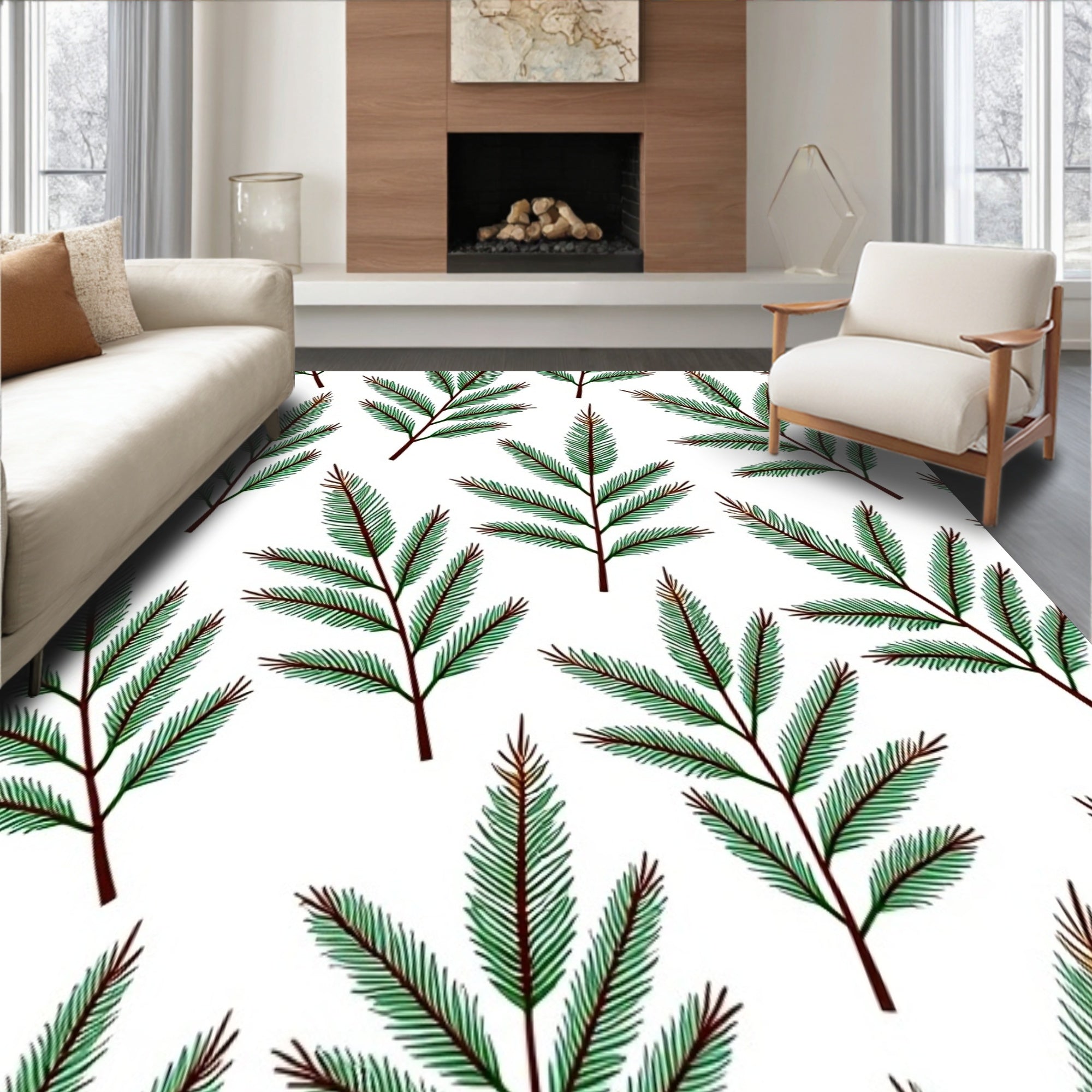 Winter Pine Branch Interlocking Plush Floor(White)