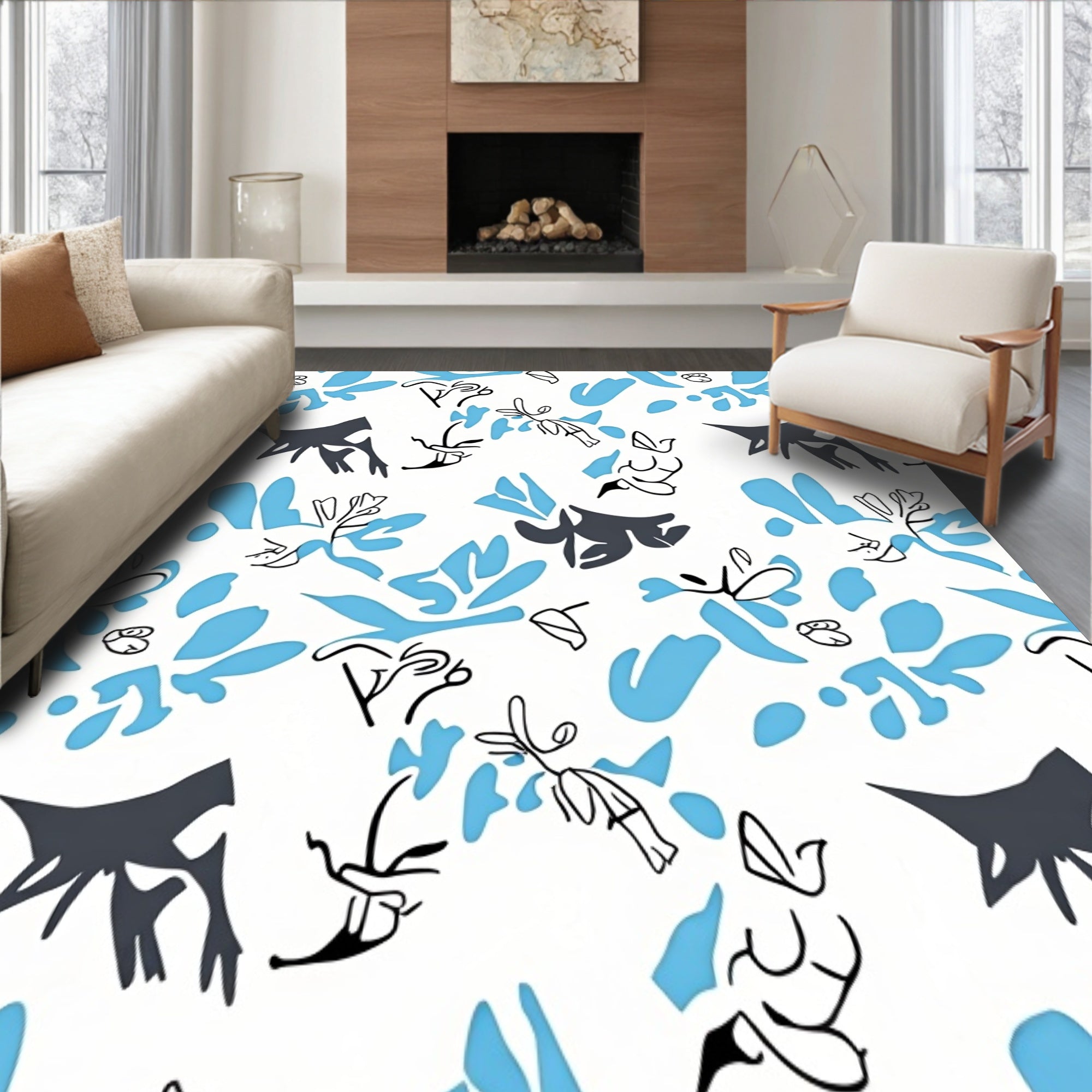 Abstract Cat Mosaic with Stylized Florals (Blue) - ODIKA