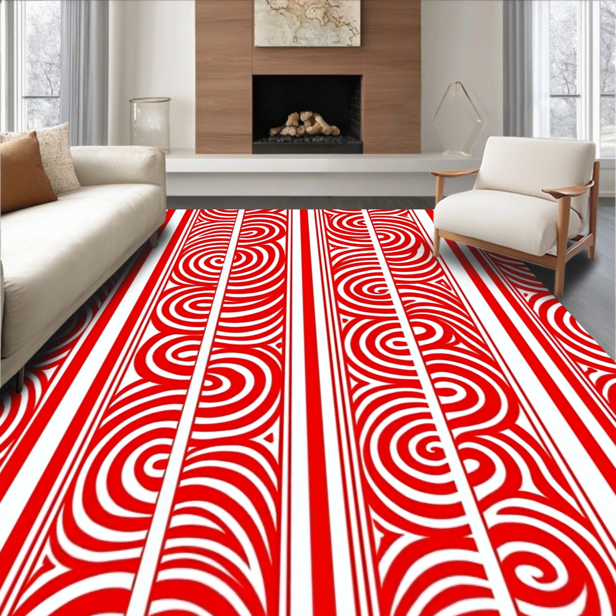 Cane Stripe Swirl Motif Decorative Floor Covering(Red)