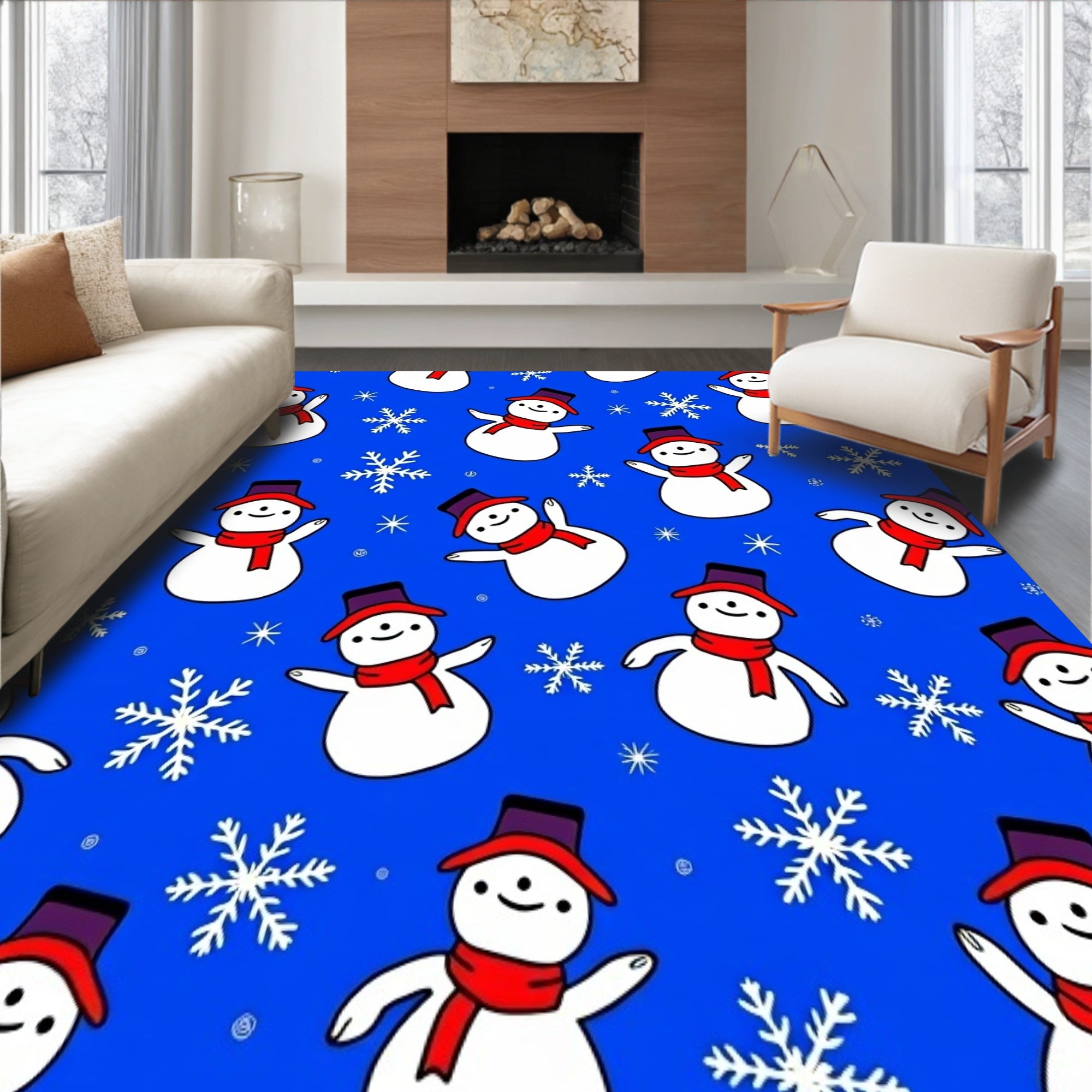 Whimsical Winter Characters with Scattered Frosty Snowflake Motifs(Blue)