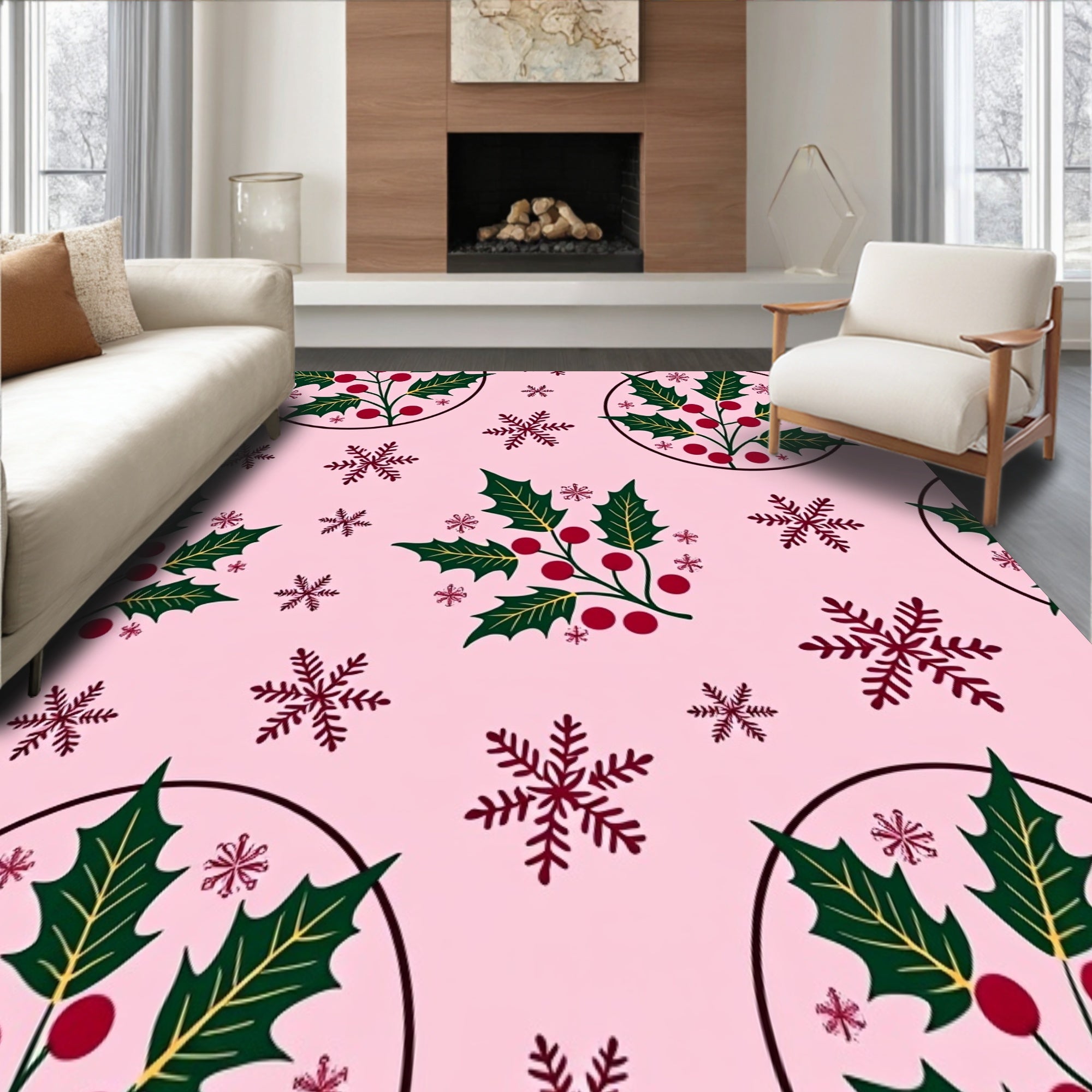 Festive Holly Wreath with Berries and Snowflake Motifs(Pink)