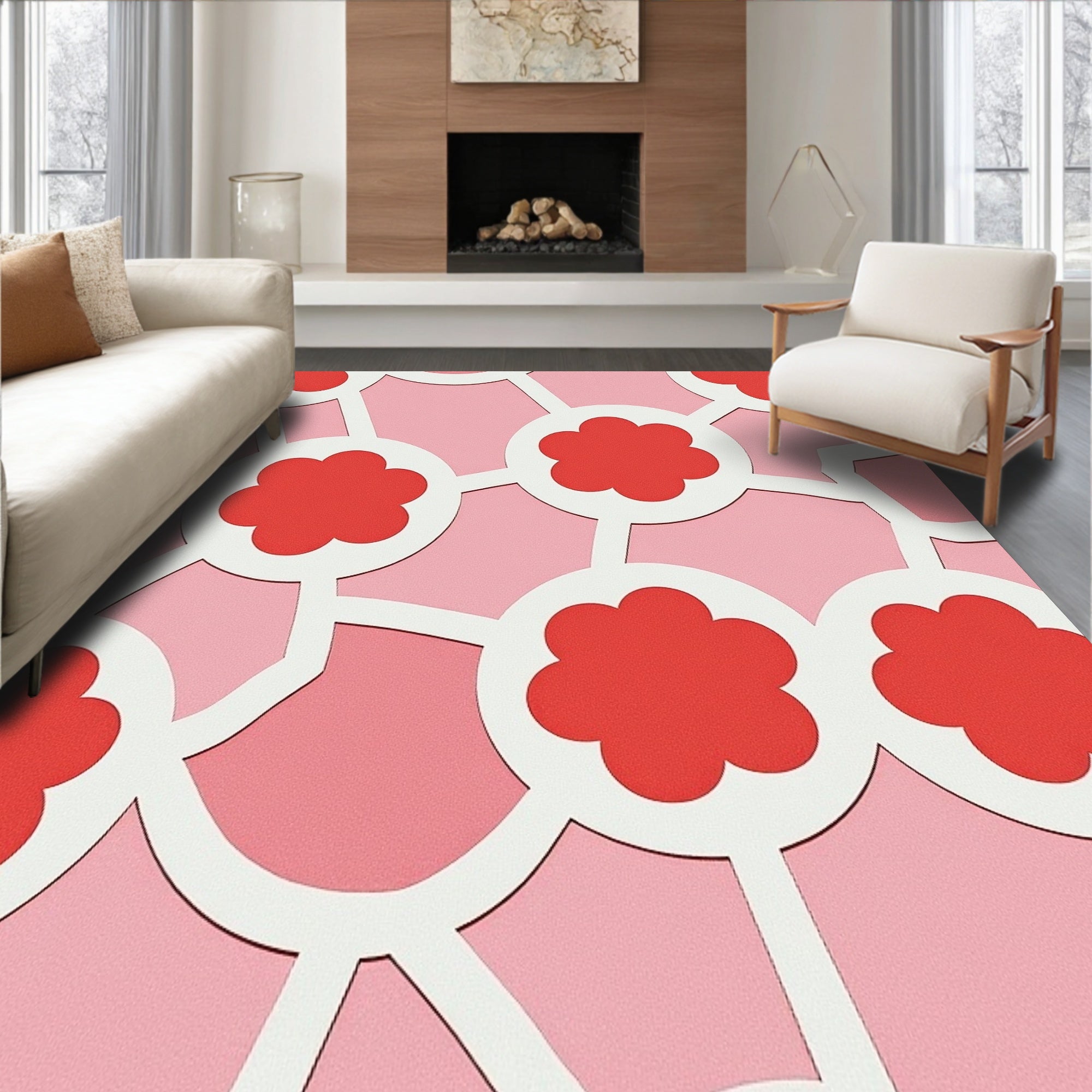 Modern Petaled Mosaic with Abstract Rosette Silhouettes(Red)
