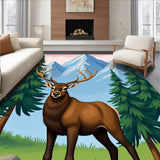 Dreamy Mountain Elk Pine Tree Landscape Floor(Brown)