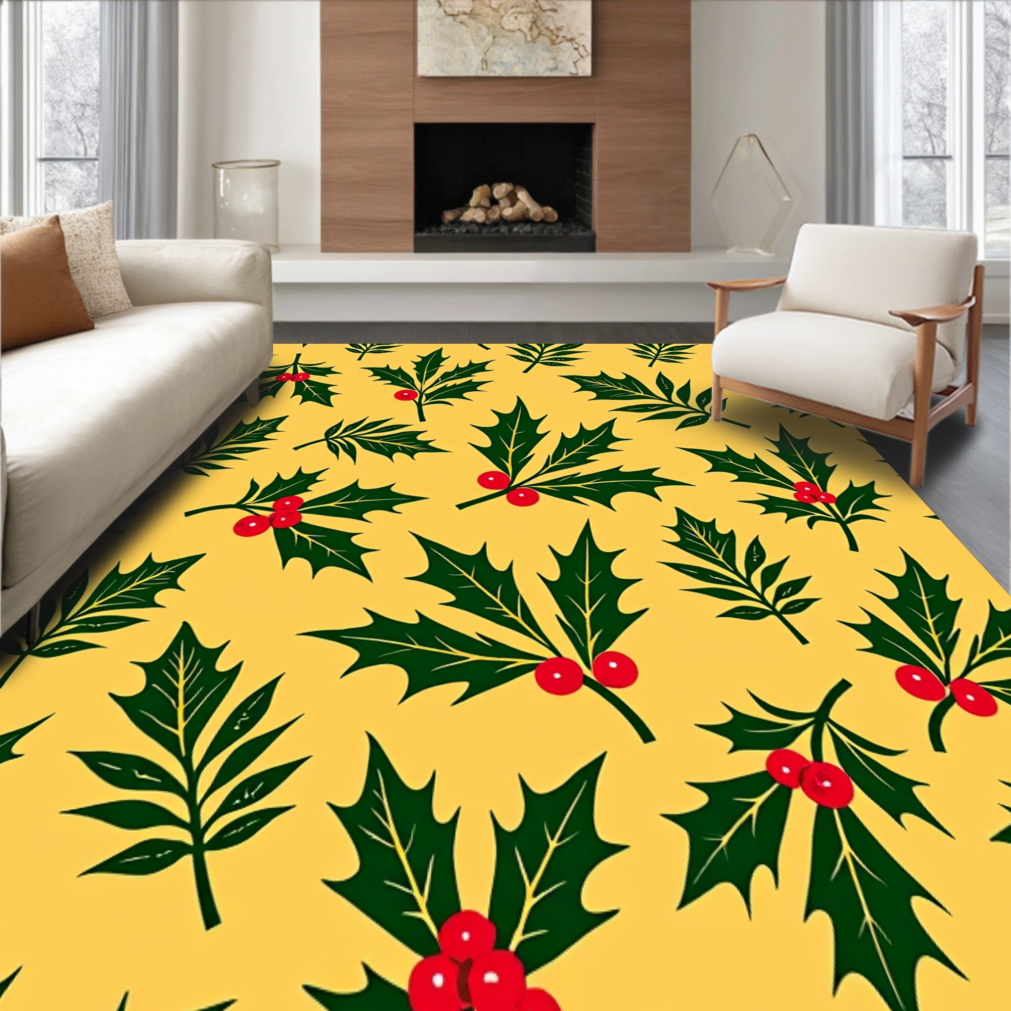 Festive Holly Branch with Berries Accent Floor Covering(Yellow)