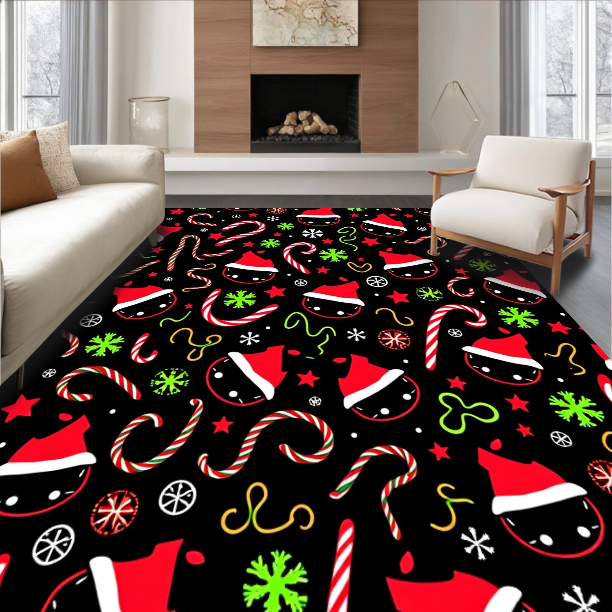 Festive Cats Illuminated with Whimsical Holiday Motifs and Twinkling Accents(Black)