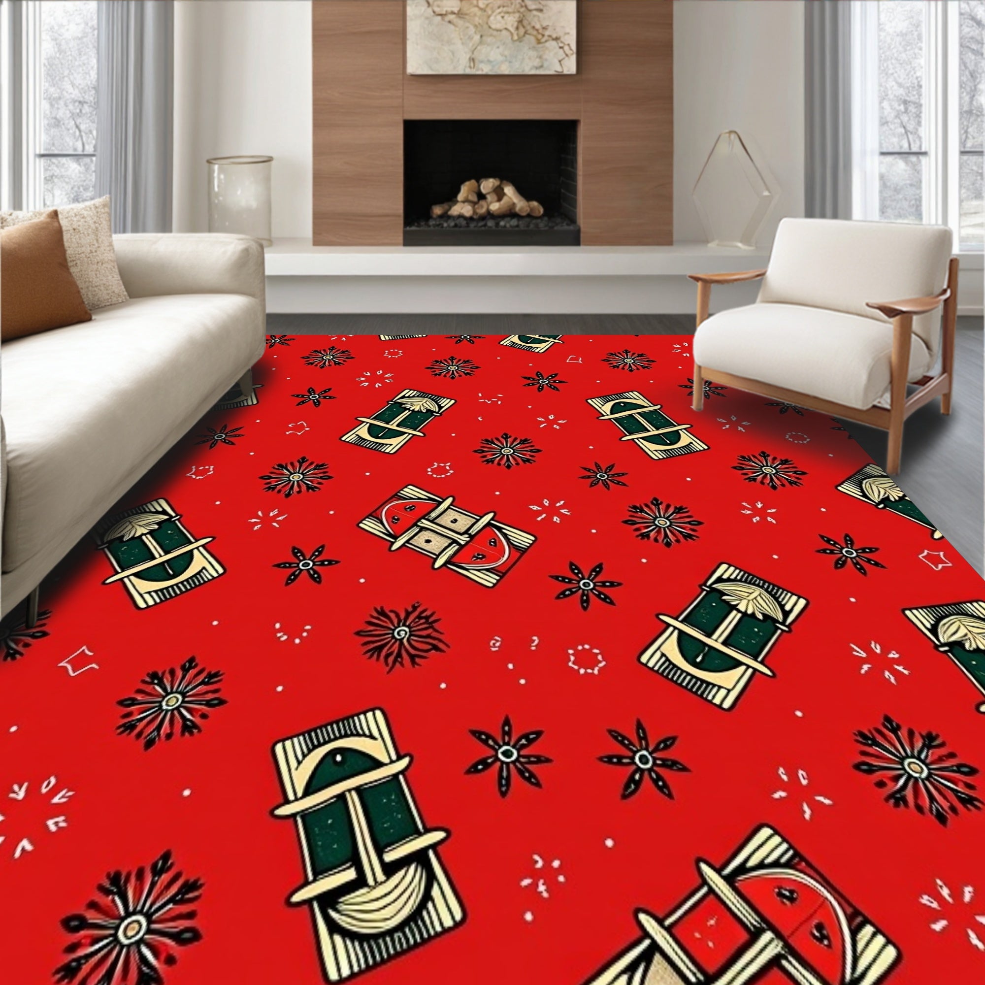 Whimsical Sleigh Ride with Festive Gifts and Evergreen Sprigs Motif(Red)