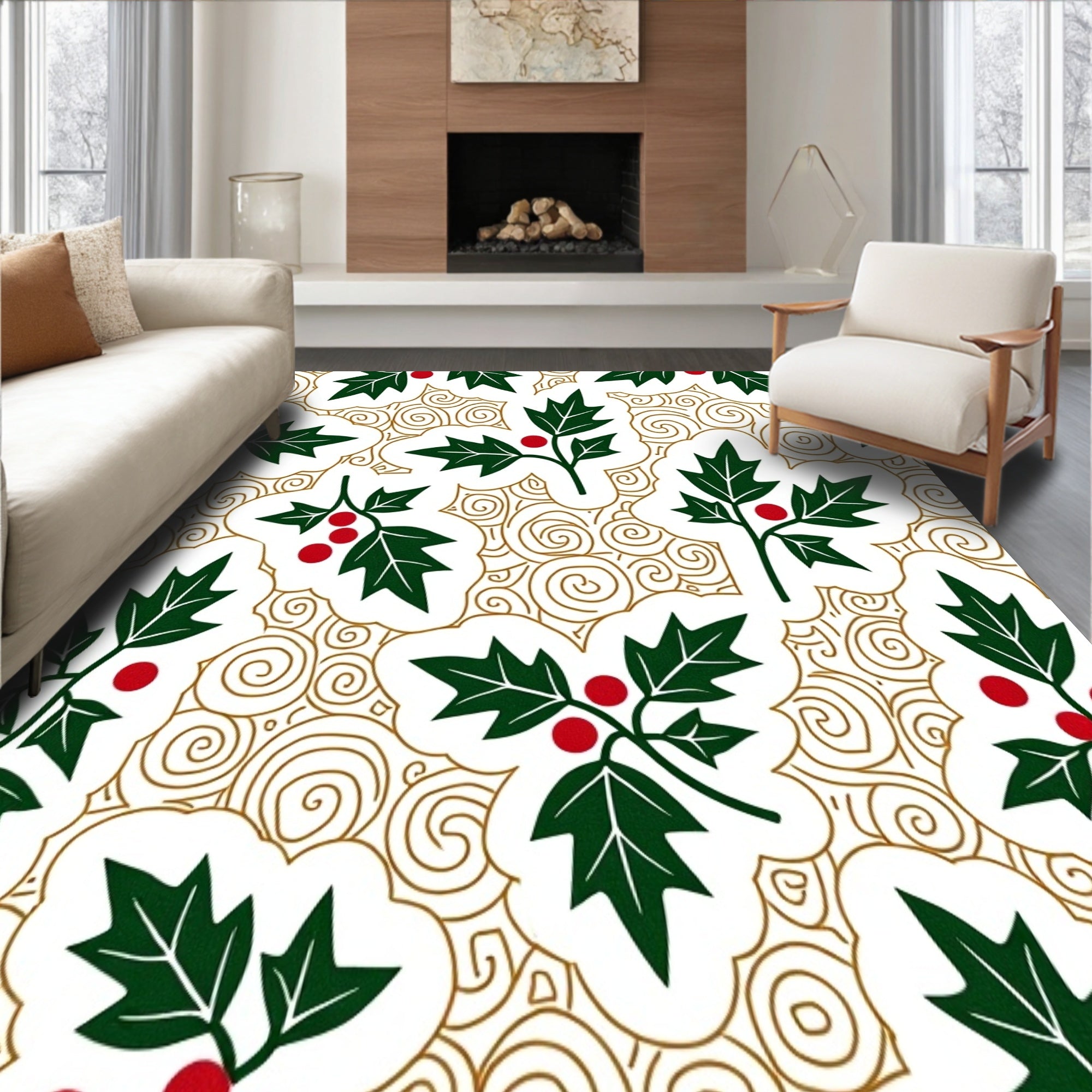 Elegant Holly Leaf with Crimson Berries and Subtle Swirling Lines(Green)