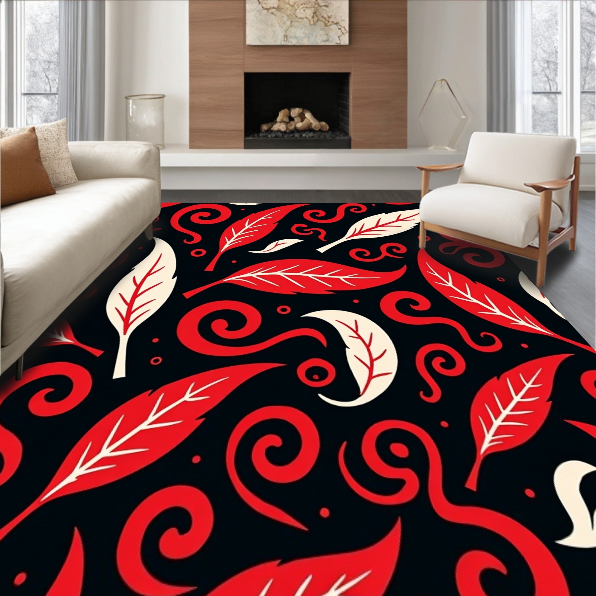 Playful Feather Motif With Stylized Falling Leaves And Swirls(Black)