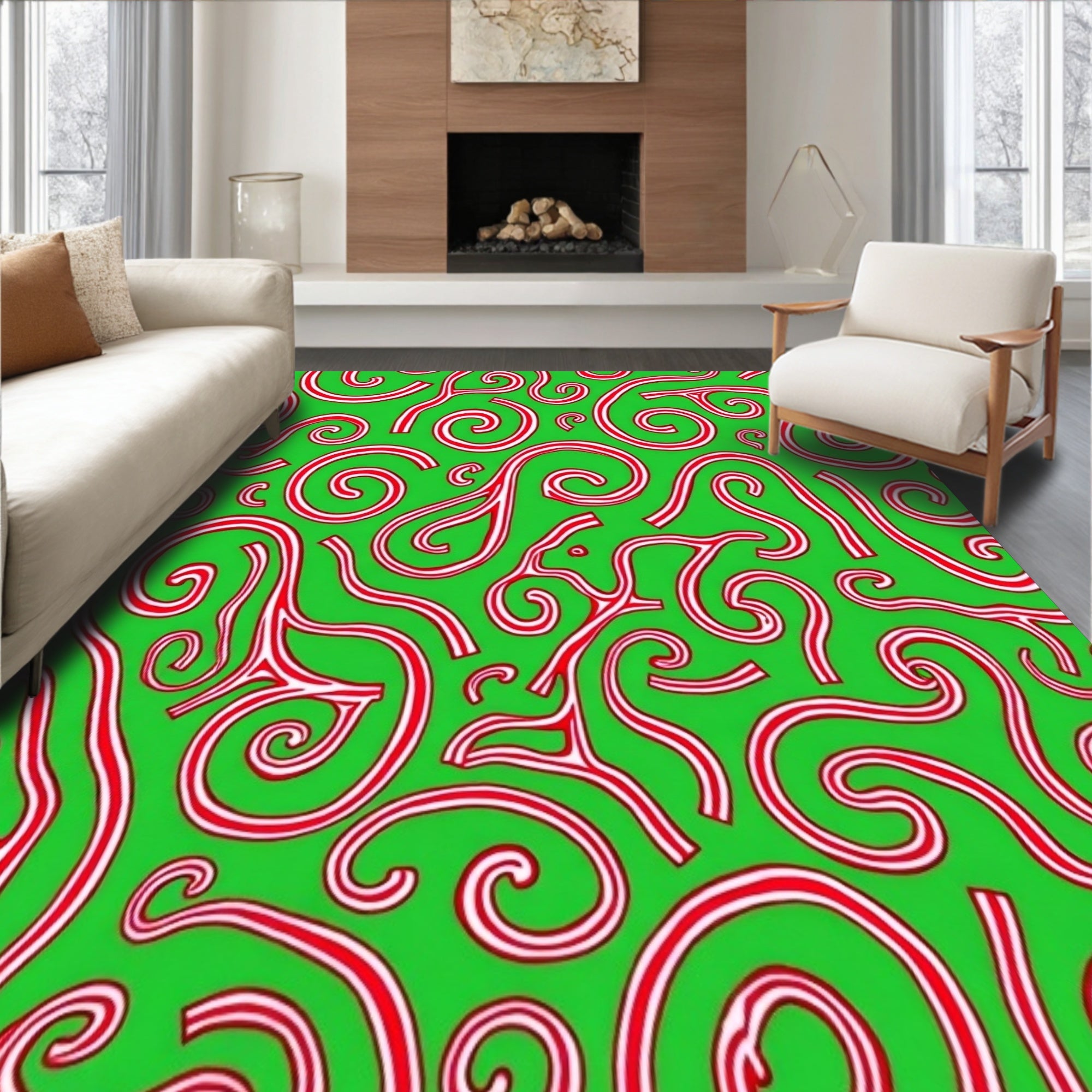 Winter Cane Stripe Floor Collection Swirl Motif(Green)