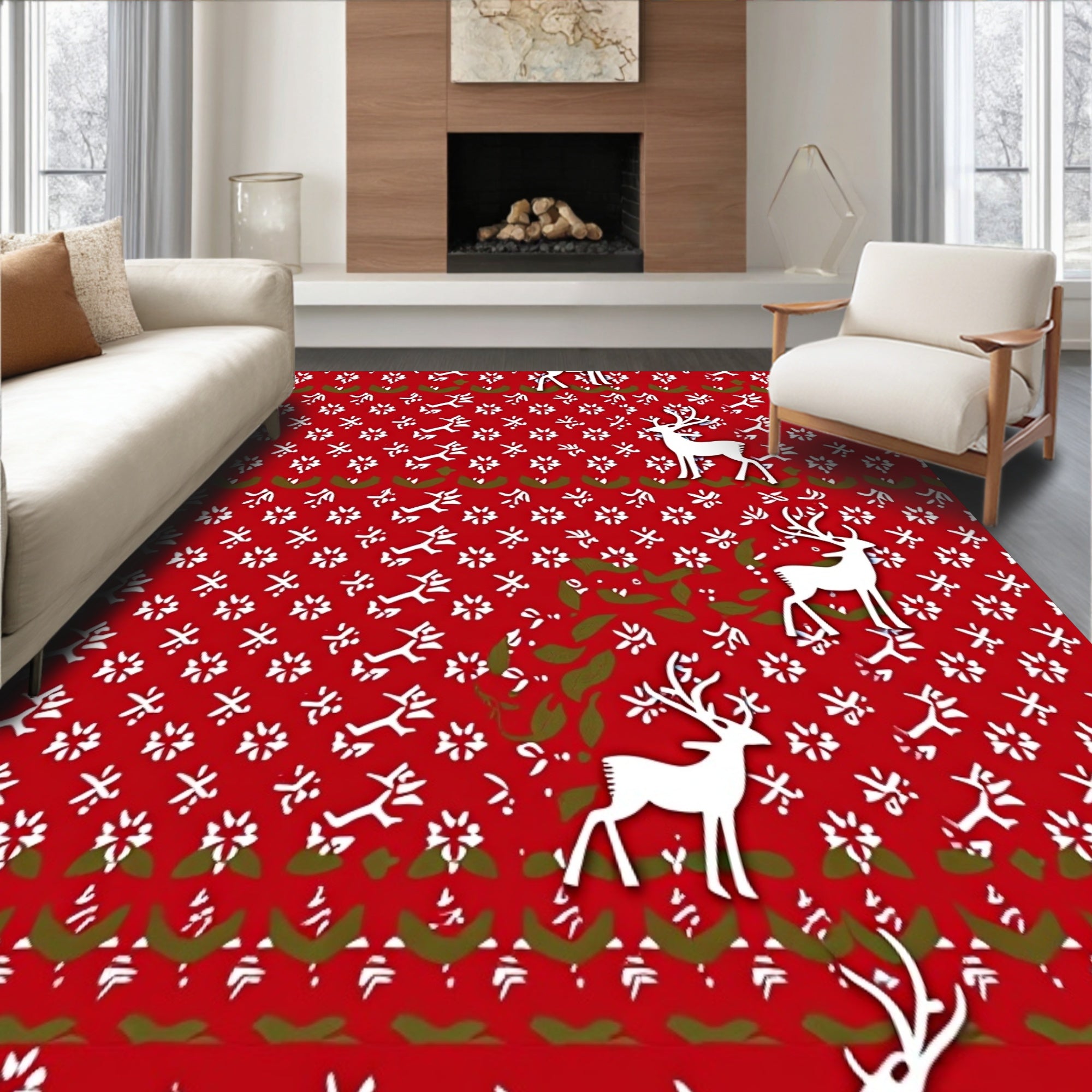 Charming Holiday Forest with Stylized Deer and Berry Sprigs(Red)