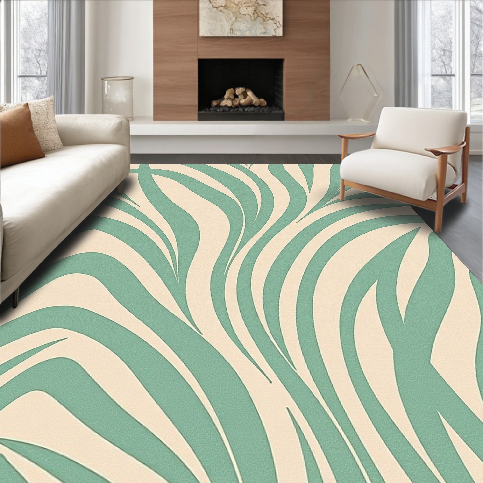 Sage Inspired Palm Frond with Abstract Interlocking Botanical Swirls(Beige)