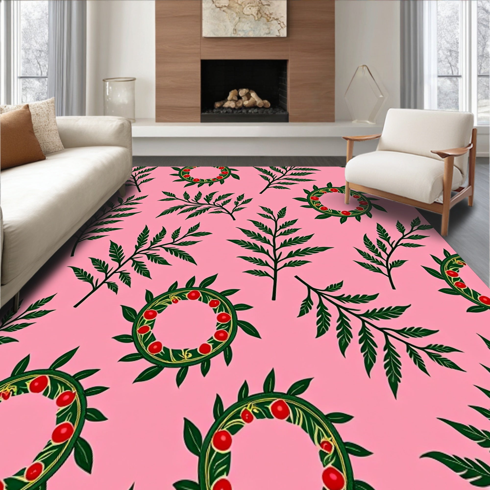 Festive Holly Wreath Motif With Interlocking Ivy Vines(Pink)