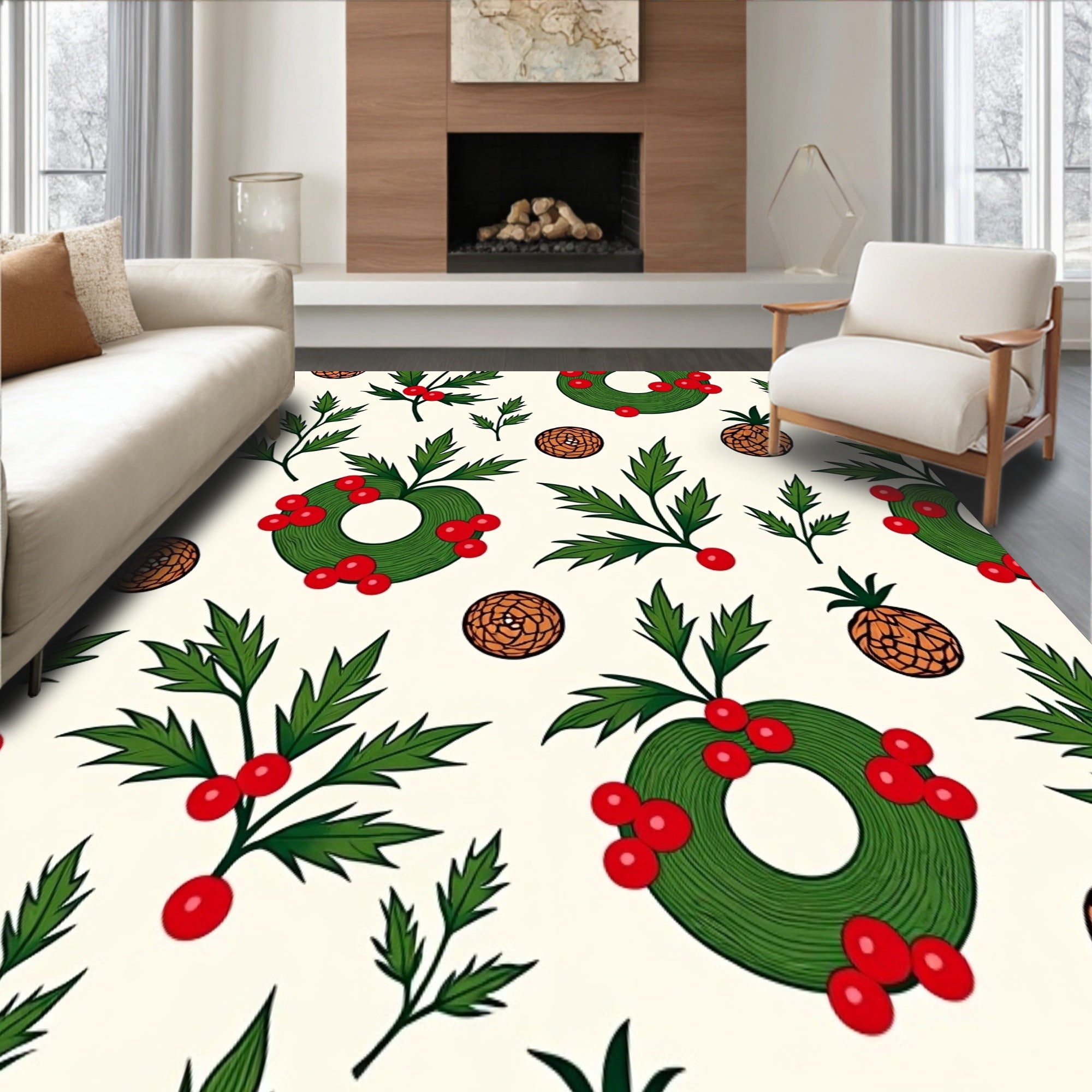 Festive Pine Wreath Holiday Doormat Decorative Indoor(Green)