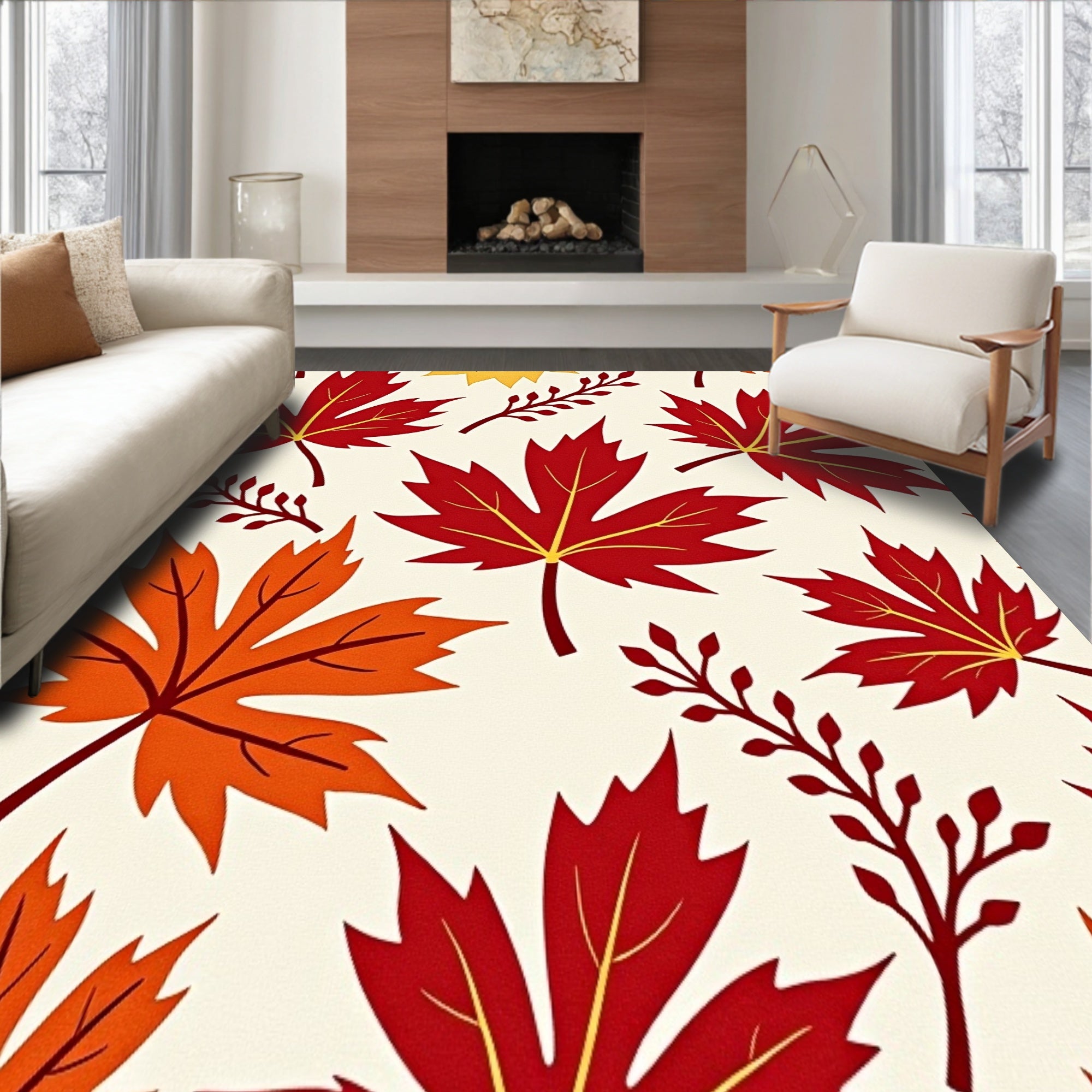Autumn Harvest Semicircle Doormat with Golden Maple Leaves Branch Design(Red)
