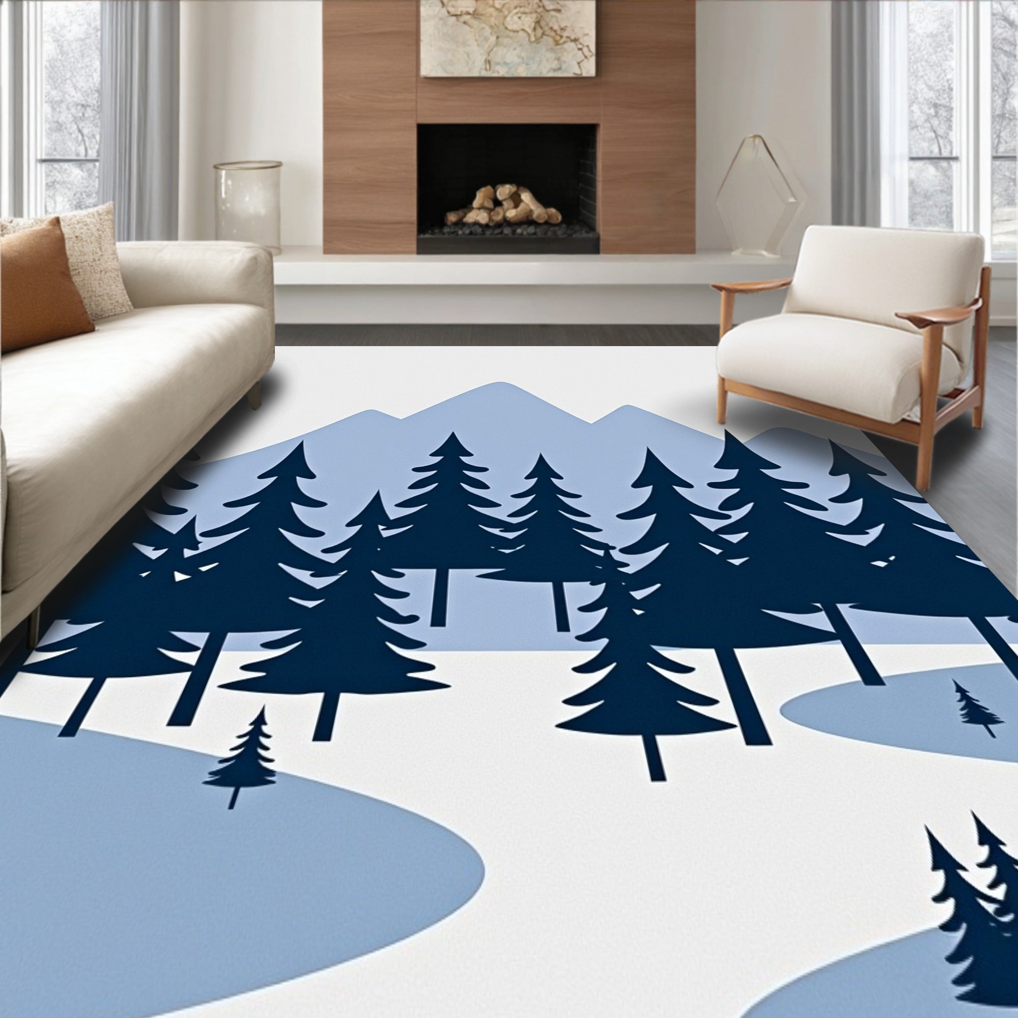 Winter Landscape Scene Doormat Pine Trees Mountain Design(Blue)