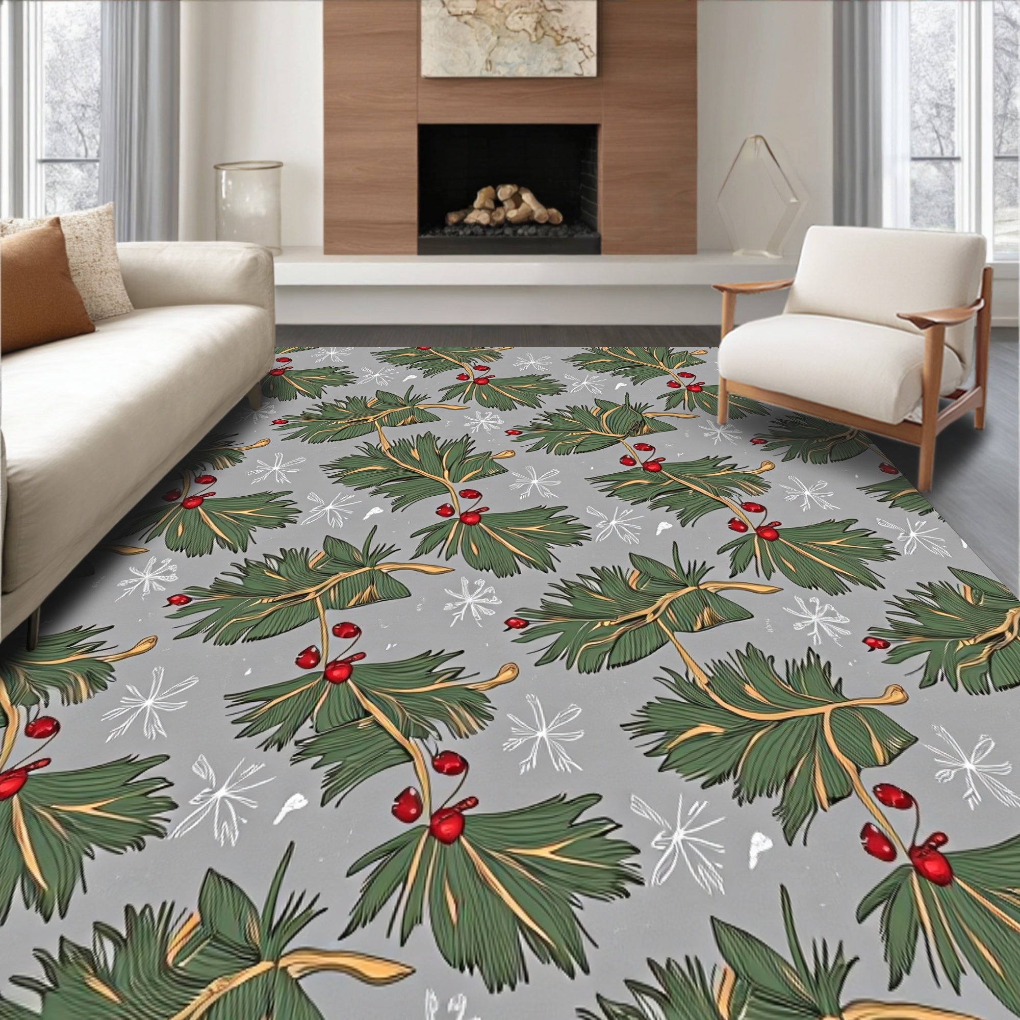 Festive Pine Wreath Motif with Berries and Delicate Snowflake Accents(Green)