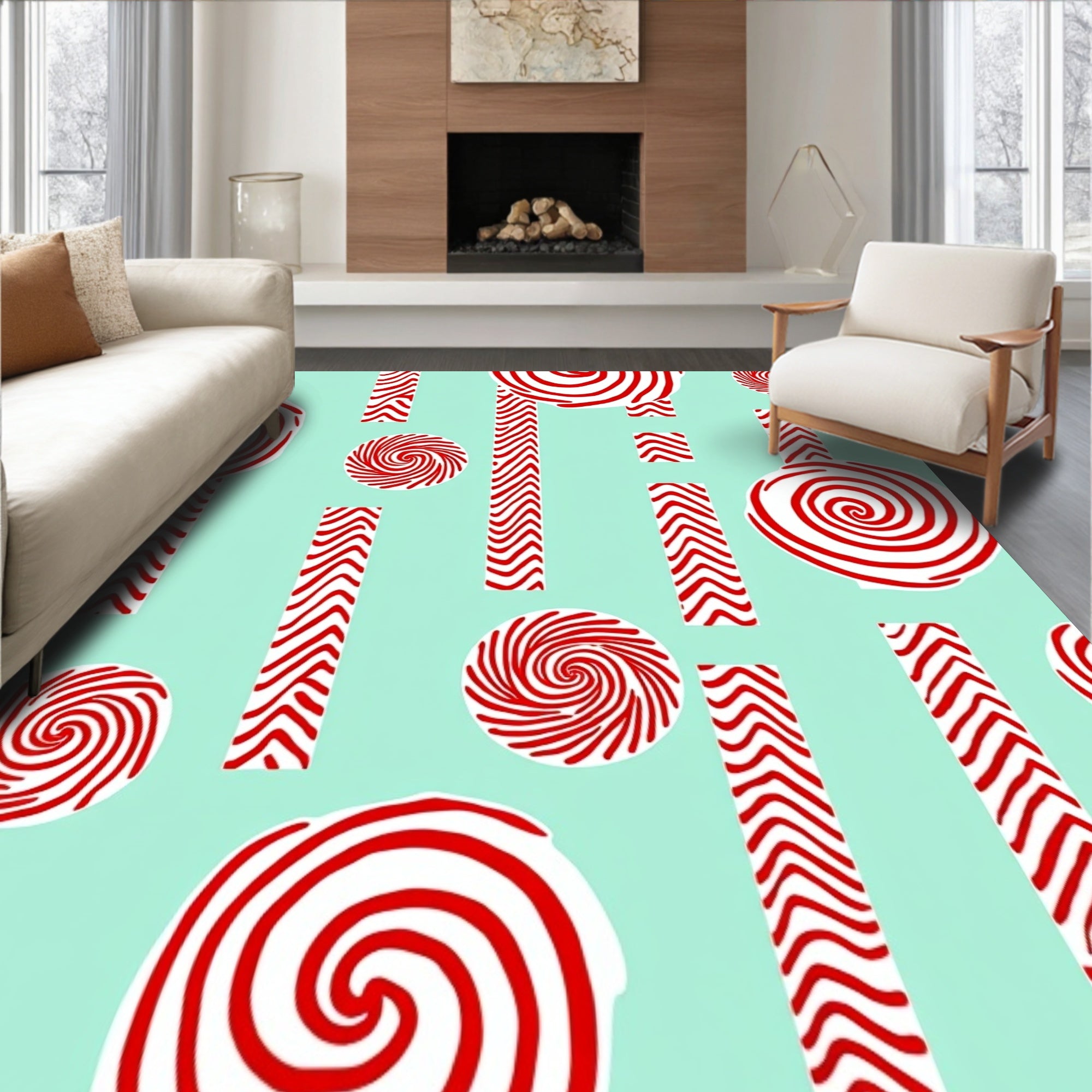 Cane Stripe Doormat with Peppermint Swirl Holiday Design(Red)