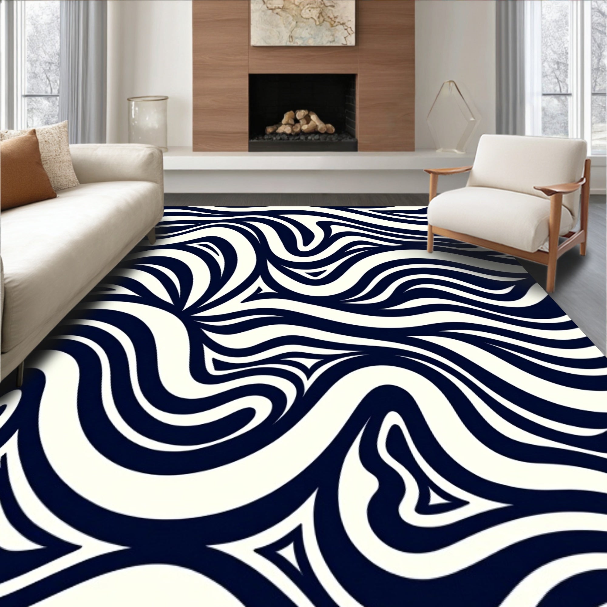 Abstract Wave Ripple Design Modern Contemporary Floor with Flow Motifs (Black) - ODIKA