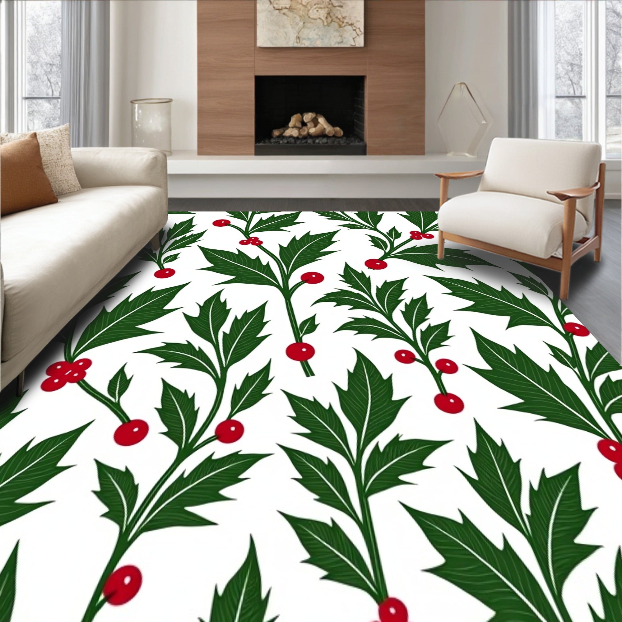 Holly Berry Vine Botanical Print Doormat Yuletide(Green)