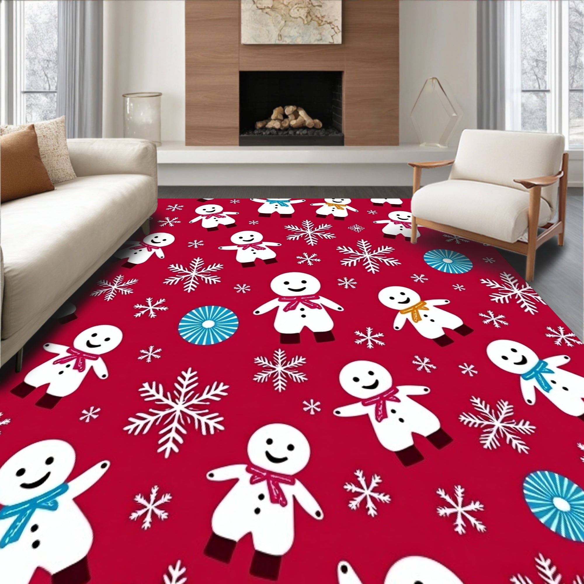 Playful Snowman Figures Surrounded by Sparkling Snowflake Clusters(Red)