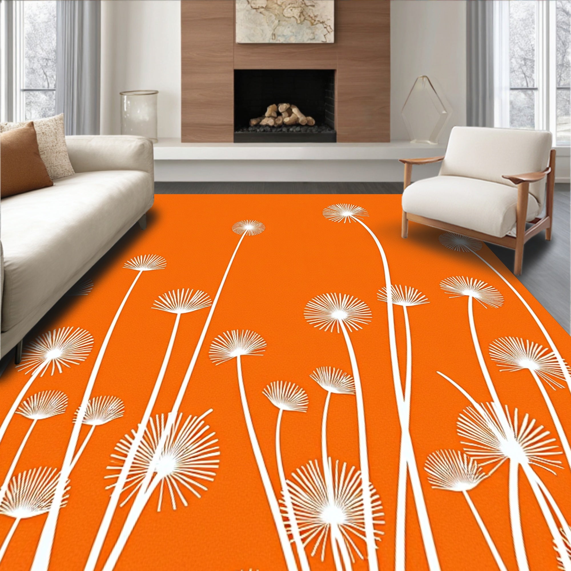 Fleece Meadow Dandelion Seed Drift Design Shag Floor(Orange)
