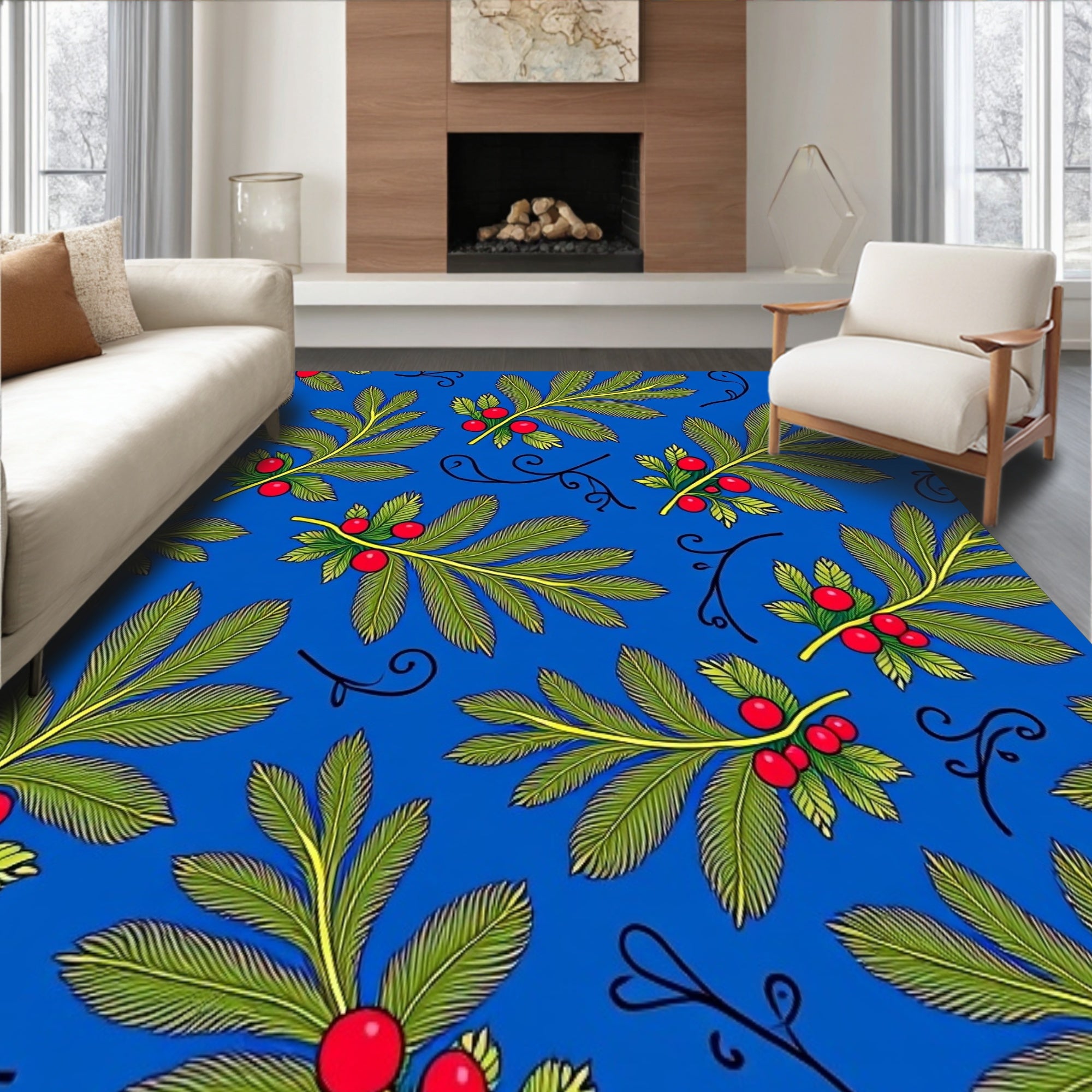 Festive Village Inspired Featuring Ornate Interlocking Holly Designs(Blue)